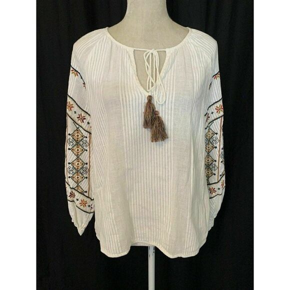 Zara Womens White Brown Red Embroidered Bohemian Long Sleeve Top Blouse Xs - Picture 1 of 6